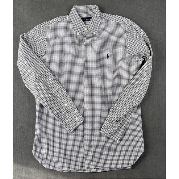 Ralph Lauren Button Down Shirt Mens L 15.5 39 Navy White Plaid Long Sleeve - Picture 1 of 7
